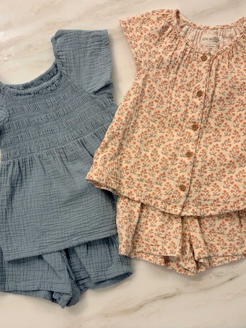 Little Planet Girls' Blue Gauze Outfit & Floral Cream Button-Front Set